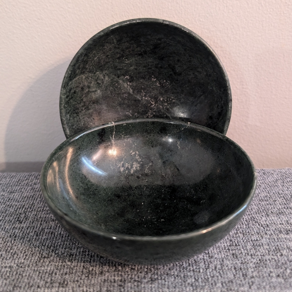 Pair of Two Small Serpentine Stone Reiki/Ritual Bowls, Blue/Green
